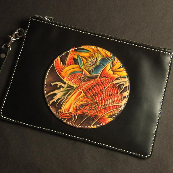Cool Handmade Tooled Leather Carp Clutch Wallet - Back View