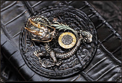 Handmade Leather Chinese Dragon Mens Chain Biker Wallet Cool Leather Wallet Long Clutch Wallets for Men