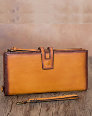 Vintage Tan Leather Wristlet Wallet Womens Wallet Bifold Long Clutch Wallet for Women