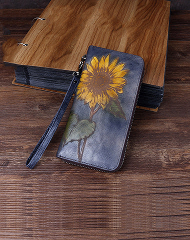 Handmade Sunflower Gray Leather Wristlet Wallet Womens Zip Around Wallets Sunflower Ladies Zipper Clutch Wallet for Women