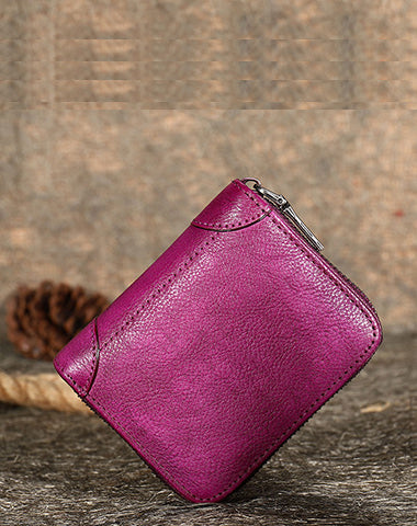 Purple Small Leather Bifold Wallet Around Zip Billfold Cute Women Zipp