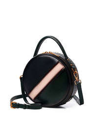 Womens Brown Leather Round Handbag CONTRAST COLOR Crossbody Purse Brown Round Shoulder Bag for Women