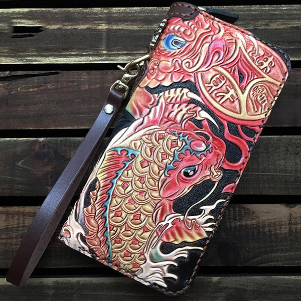 Black Handmade Carp Toad Tooled Leather Long - Back View