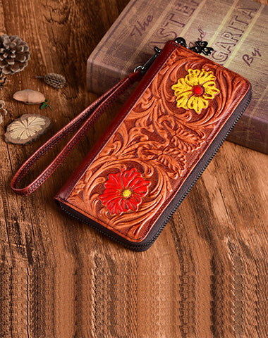 Womens Flower Brown Leather Wristlet Wallets Zip Around Wallet Floral Ladies Zipper Clutch Wallet for Women