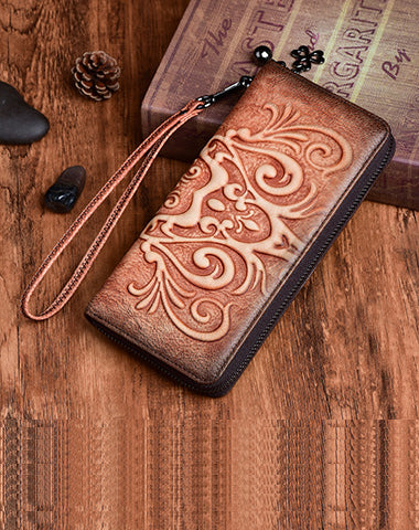 Handmade Womens Floral Brown Leather Zip Around Wallet Wristlet Wallet Floral Ladies Zipper Clutch Wallet for Women