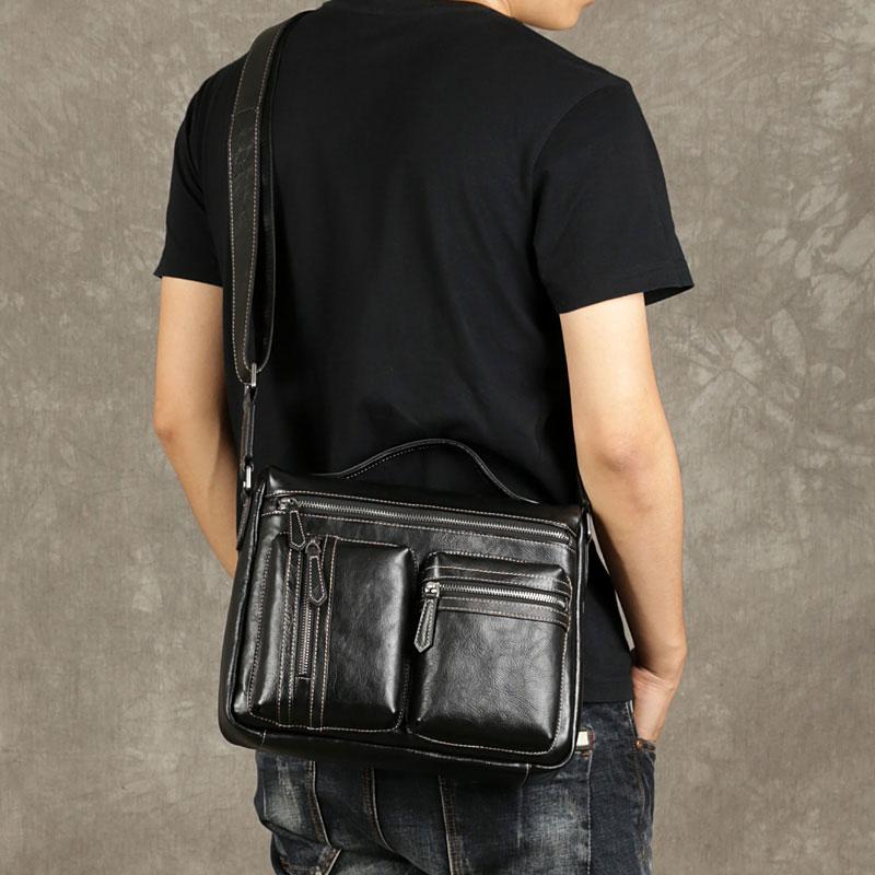 Leather Mens Cool Messenger Bag Black Shoulder Bag for men