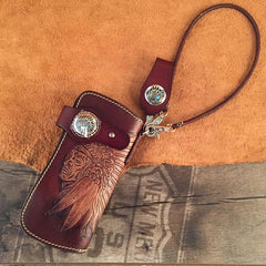 Handmade Leather Tooled Indian Chief Mens Chain Biker Wallet Cool Leather Wallet Long Wallet for Men