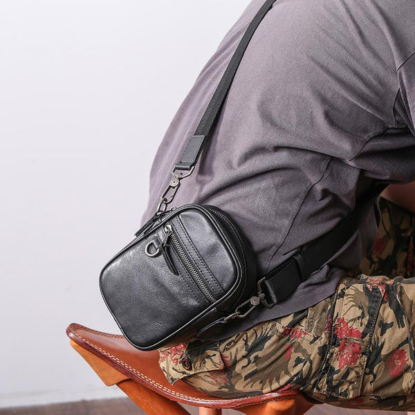 Black Leather MENS Small Vertical Side Bag - Back View