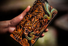 Handmade leather mythical wild animal biker wallet long wallet black leather men phone - EverHandmade