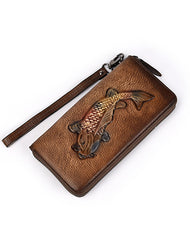 Womens Carp Red Leather Zip Around Wallet Wristlet Wallet Carp Ladies Zipper Clutch Wallet for Women