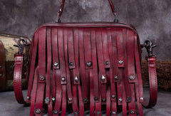 Genuine Leather Handbag Vintage Rivet Tassel Bag Crossbody Bag Shoulder Bag Purse For Women - EverHandmade
