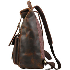Cool Leather Coffee Rolltop Mens Backpacks Travel Backpack Vintage Backpack for Men