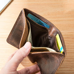 Dark Brown Leather Mens Small Wallets Bifold Vintage billfold Wallet Front Pocket Wallet for Men