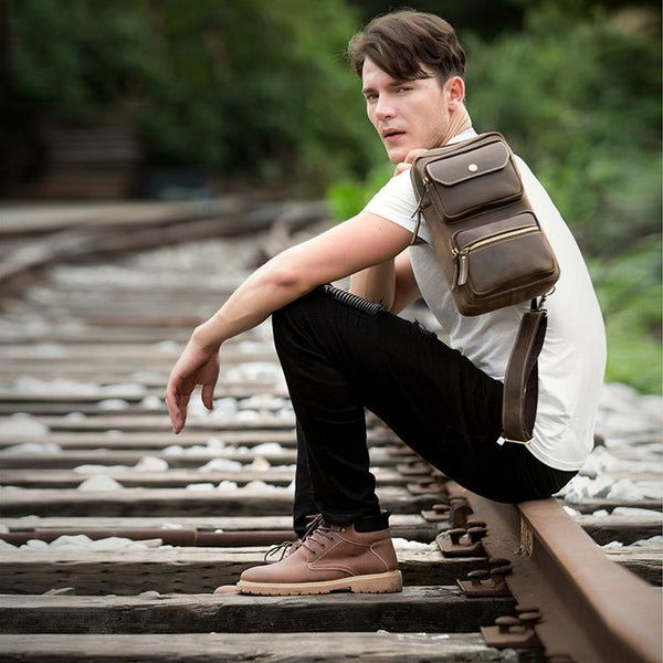 Cool Brown Leather Mens Sling Pack Sling - Back View