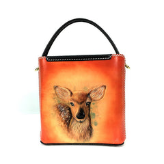 Handmade Womens Tooled Leather Square Handbag Purse Deer Crossbody Bag for Women