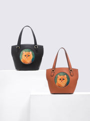 Handmade Womens Brown Leather Tote Handbag Purse Ginger Cat Tote Bag for Women