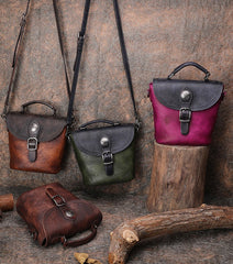 Vintage Leather Womens Bucket Brown Shoulder Bag Handmade Barrel Crossbody Purse for Ladies