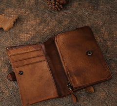 Red Womens Leather Bifold Small Wallet Vintage Buckle Small Wallet for Ladies