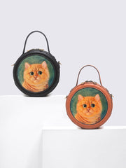 Handmade Womens Brown Leather Round Handbag Purse Cat Round Crossbody Bag for Women