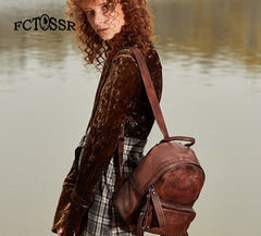 Classic Coffee Leather Rucksack Womens Compact Leather Backpack Ladies Backpack Purses