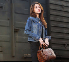 Black Gray Vintage Womens Leather Handbag Purse - Size Detail