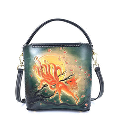 Handmade Womens Tooled Leather Square Handbag Purse SunFlower Crossbody Bag for Women