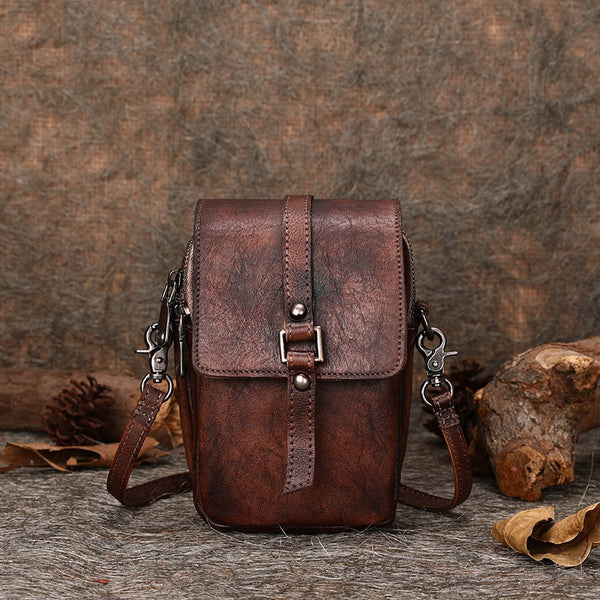 Brown Leather Womens VIntage Phone Shoulder Bag - Bill Slots Detail