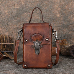 Leather Brown Womens Small Box Shoulder Bag Cube Small Handmade Handbag Purse for Ladies