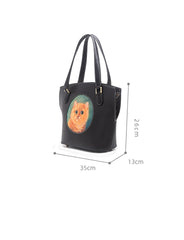 Handmade Womens Black Leather Tote Handbag Purse Ginger Cat Tote Bag for Women