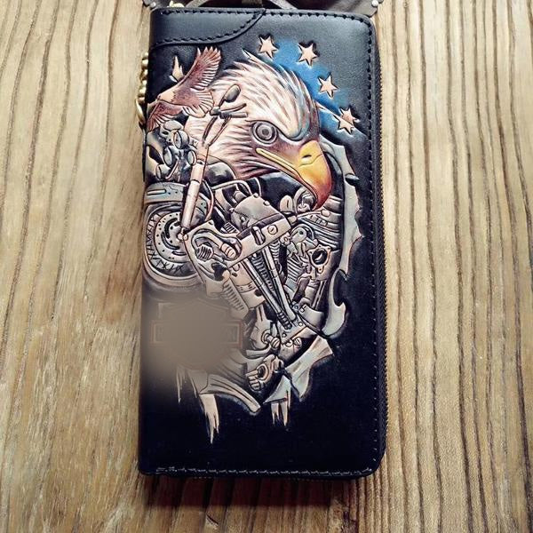 Handmade Leather Mens Clutch Wallet Cool Eagle Tooled Chain Wallet Biker Wallets for Men