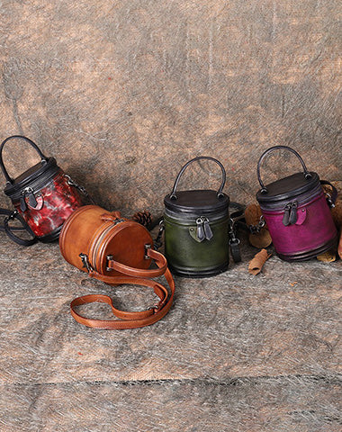 Leather Womens Bucket Handbag Barrel Shoulder Bag Crossbody Purse for Ladies
