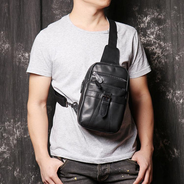 Black Leather Sling Backpack Sling Bag Chest - Back View