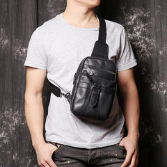 Black Leather Sling Backpack Sling Bag Chest Bag One shoulder Backpack Black Sling Pack For Men