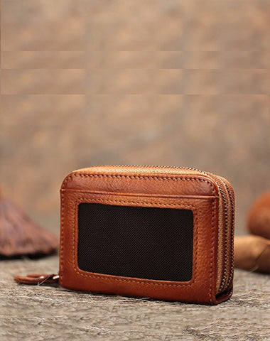 Vintage Women Brown Leather Card Holders Small Double Zip Card Wallet Small Wallet For Women