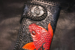 Handmade Leather Long Black Biker Wallet Trucker Wallet Leather Chain Men Red Carp Tooled Wallet - EverHandmade