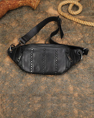 Vintage Women Black Gray Leather Rivet Waist Bag Fanny Pack Handmade Shoulder Rivet Hip Packs for Women