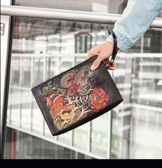 Handmade Black Tooled Dragon Carp Leather Messenger Bag Side Bag Clutch Wristlet Bag For Men