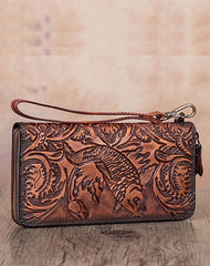 Floral Carp Brown Leather Wristlet Wallets Womens Zip Around Wallet Floral Ladies Zipper Clutch Wallets for Women