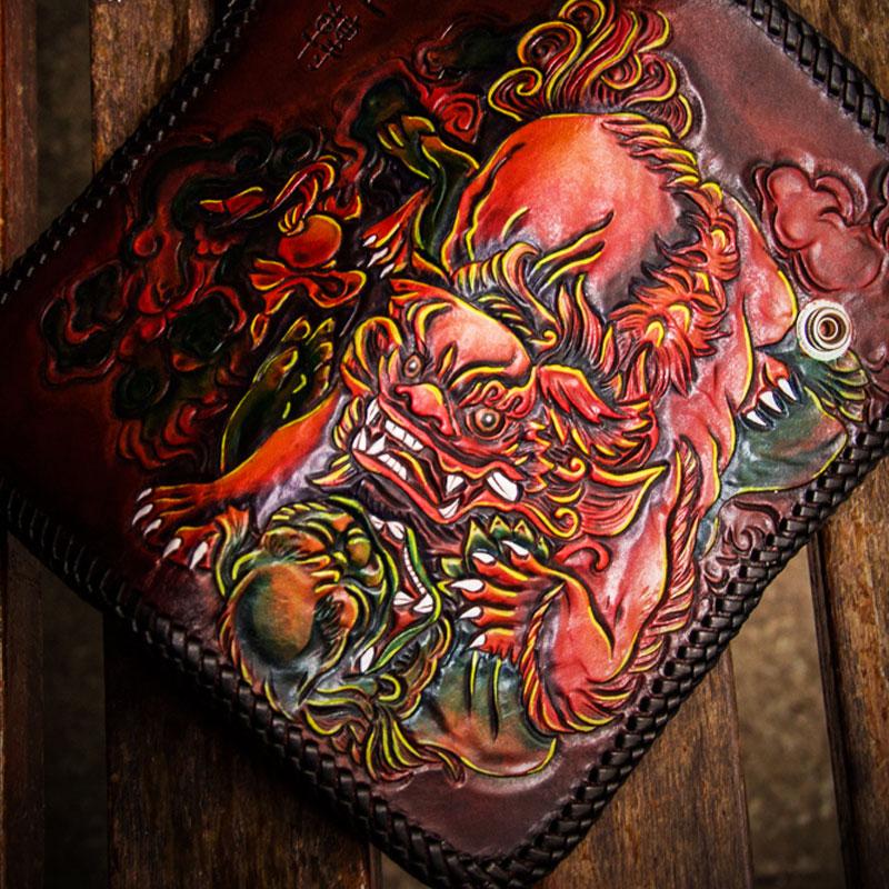 Handmade Leather Chinese Lion Mens Chain Biker Wallet Cool Leather