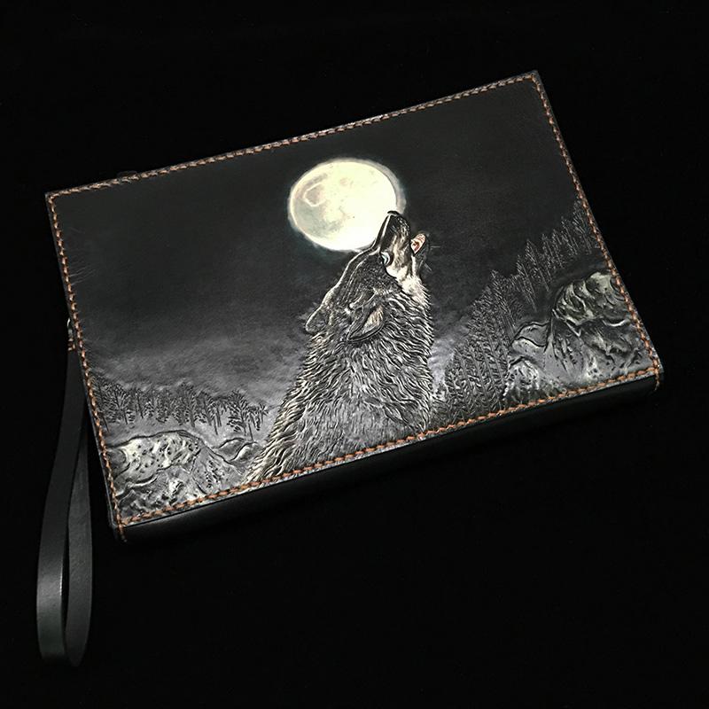 Black Handmade Tooled Leather Lion Chinese Dragon Clutch Wallet Wristlet Bag Clutch Purse For Men