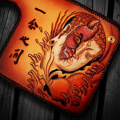 Handmade Leather Tooled Buddha&Demon Mens Chain Long Biker Wallet Cool Leather Wallet With Chain Wallets for Men
