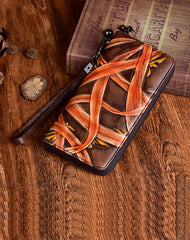 Handmade Bracketplant Black Leather Wristlet Wallet Womens Zip Around Wallets Flowers Ladies Zipper Clutch Wallet for Women