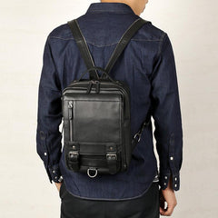 Black Leather Men's 10 inches Sling Bag Computer Backpack Black Travel Backpack Black Sling Pack For Men