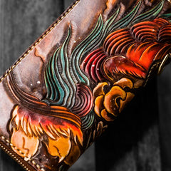 Handmade Leather Tooled Chinese Lion Mens Chain Biker Wallet Cool Leather Wallet Long Phone Wallets for Men