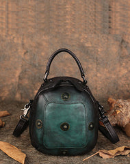 Small Green Leather Womens Rivets Shoulder Bag Barrel Small Handmade Handbag Purse for Ladies