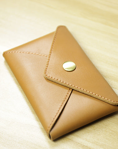 Slim Women Tan Leather Card Wallet Minimalist Envelope Card Holder Wallet Coin Wallet For Women