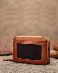 Vintage Women Coffee Leather Card Holders Small Double Zip Card Wallet Small Wallet For Women