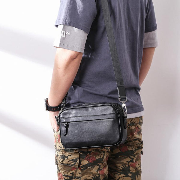 MIni Black Leather MENS Side Bag Black - Back View