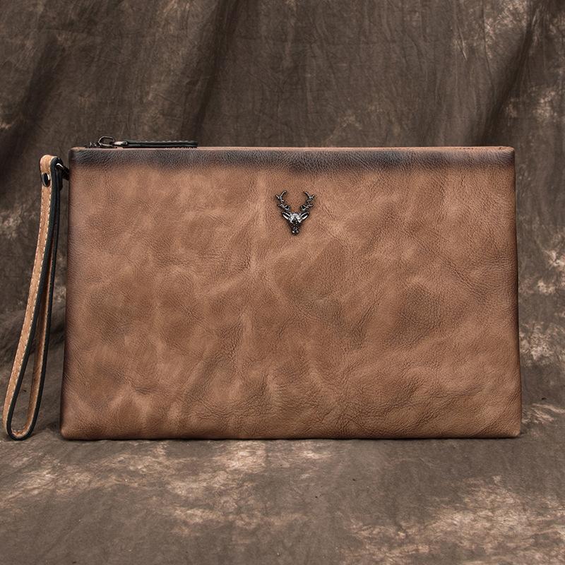 Vintage Tan MENS LEATHER SLIM ZIPPER CLUTCH - Back View