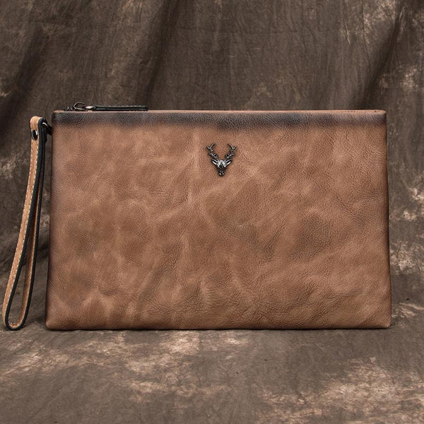 Vintage Tan MENS LEATHER SLIM ZIPPER CLUTCH - Back View